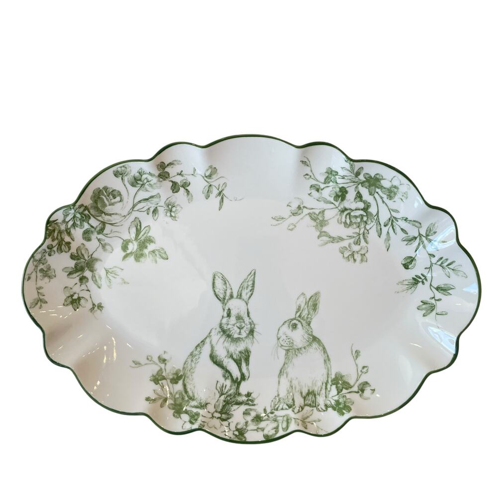 Potter's Studio Green Toile Bunny Rabbit Serving Platter 15.25" Easter NEW
